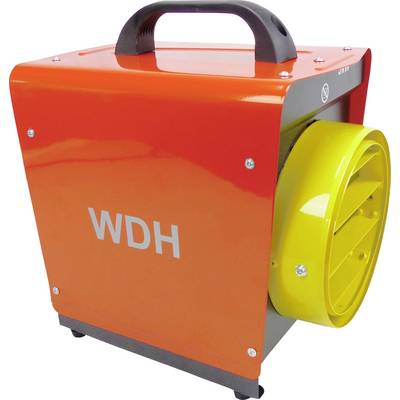 En orange och gul industriell fläkt med ett handtag, märkt 'WDH', avsedd för ventilation eller luftcirkulation.