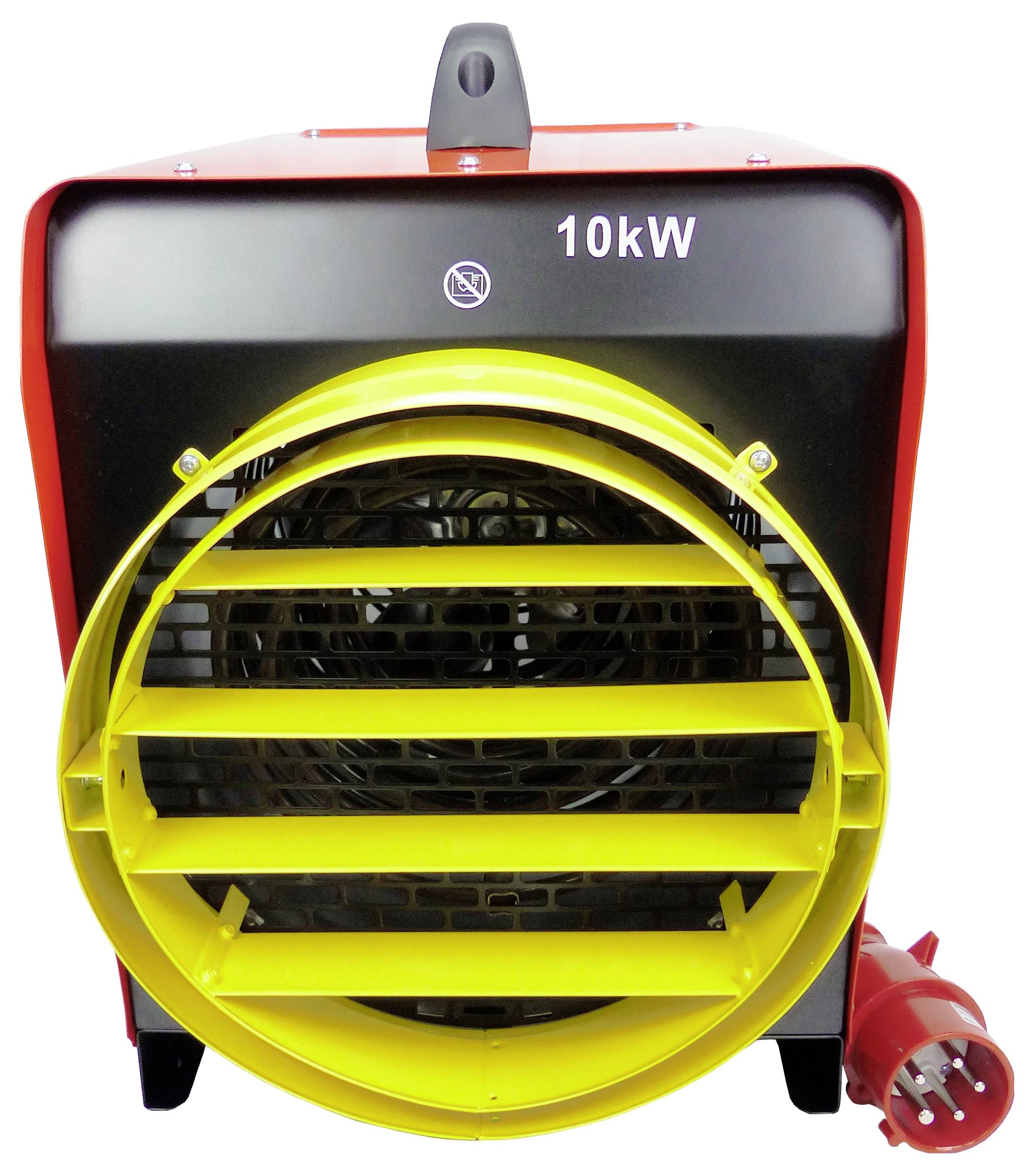 En röd industriell fläktvärmare märkt med "10kW" på toppen, utrustad med ett gult galler och en röd nätstickkontakt på sidan.