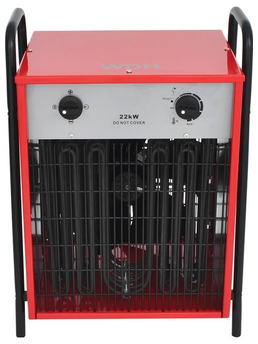 En röd industriell värmare med '22kW TÄCK INTE ÖVER' märkt, utrustad med två kontrollvred och skyddande svarta galler på framsidan.