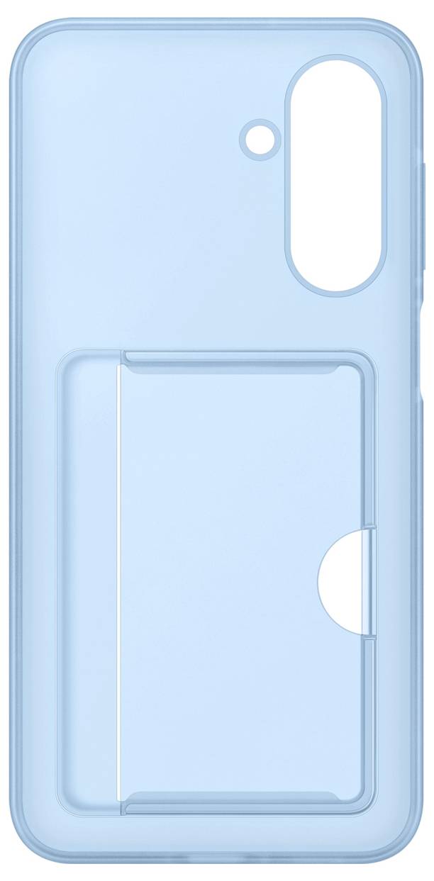 Ett ljusblått smartphones-fodral med en kortfack på baksidan, designat för skydd och bekväm förvaring.