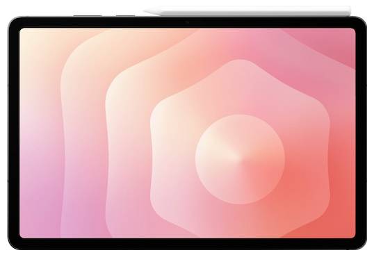 En surfplatta med en digital penna placerad ovanpå, som visar ett rosa och orange abstrakt mönster på skärmen.