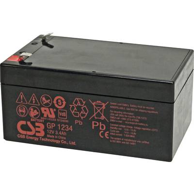 En svart CSB GP 1234 blybatteri med specifikationer: 12V, 3,4Ah. Den har olika återvinningssymboler och varningar på sidan.