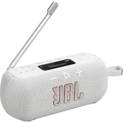 En vit JBL portabel högtalare med kontrollknappar, en digital skärm som visar 'ansluten', och ett handtag, vilket antyder bärbarhet och anslutningsbarhet.