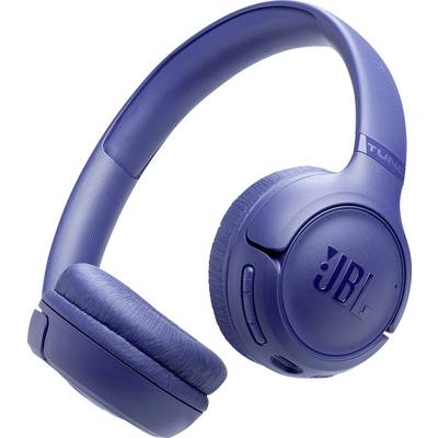 Blå trådlösa over-ear hörlurar från JBL med stoppade öronkuddar och kontrollknappar på den högra öronkåpan.