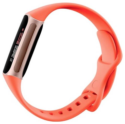 En smartwatch med ett rött-orange band som visar träningsstatistik på sin lilla rektangulära svarta skärm, inklusive antal steg och förbrända kalorier.