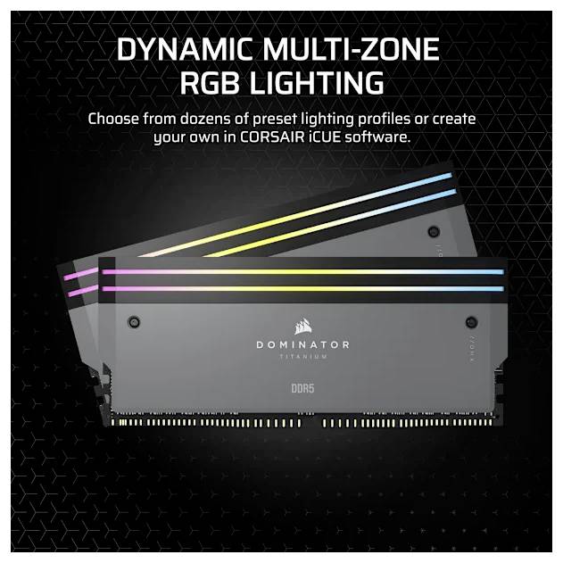 RGB RAM-pinnar med 'Dynamic Multi-Zone RGB Lighting'-text. Alternativ att välja eller skapa belysningsprofiler i Corsair iCUE-programvaran.