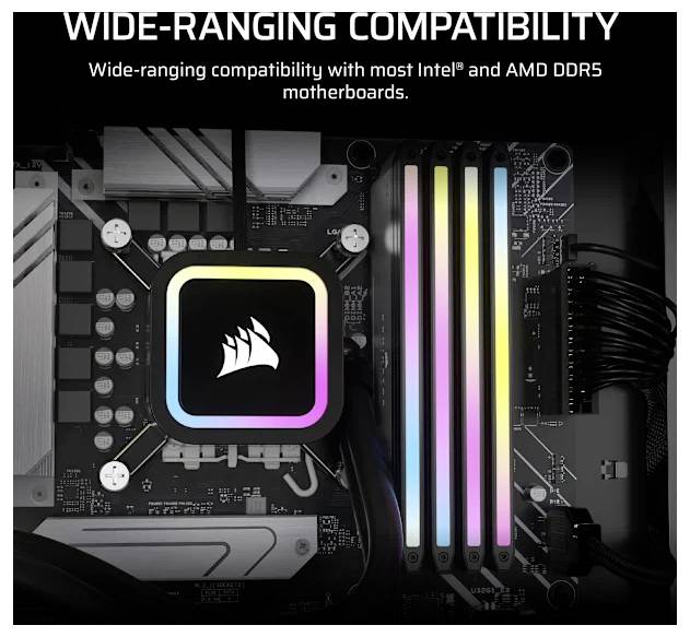Ett moderkort med RGB-RAM och en profilerad CPU-kylare som framhäver bred kompatibilitet med Intel® och AMD DDR5.