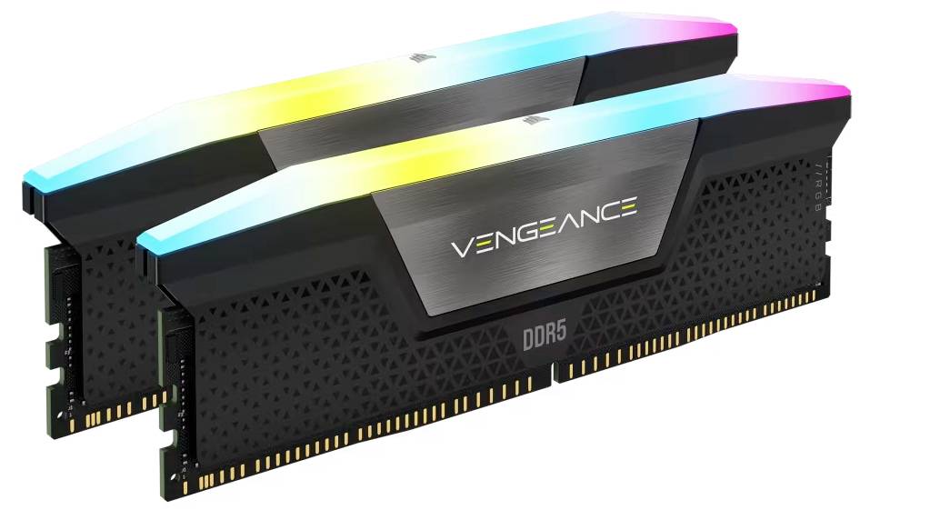 Två pinnar Vengeance DDR5 RAM med en elegant design och anpassningsbar RGB-belysning är placerade sida vid sida.