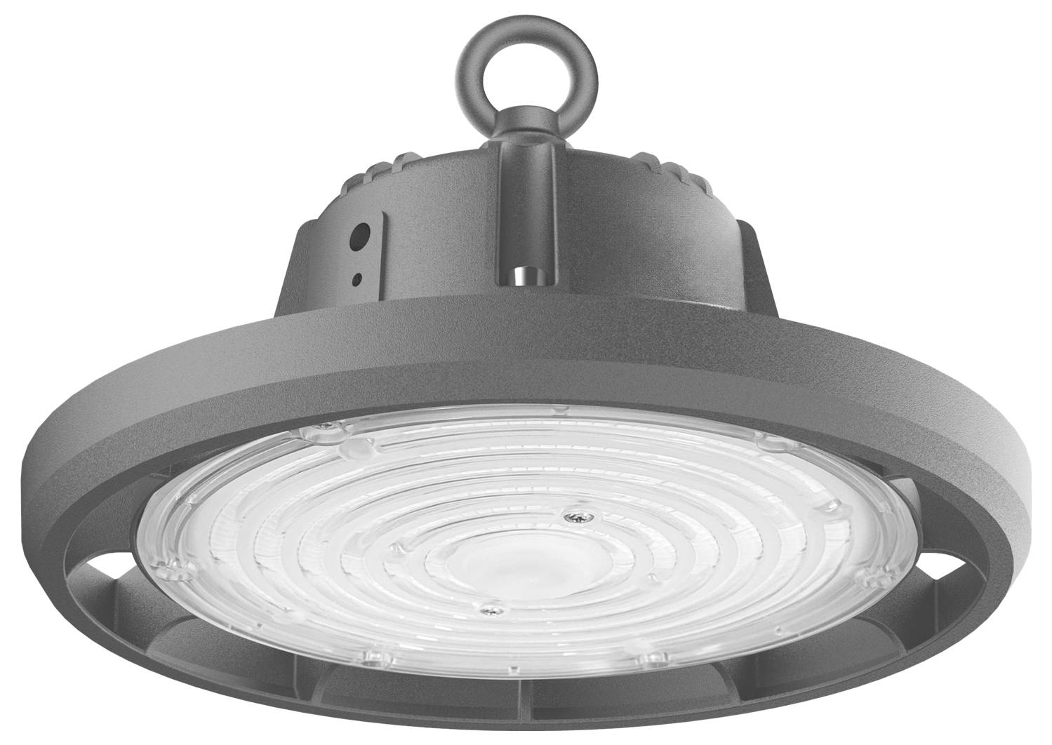 En rund industriell LED-armatur med metallhölje och en ring på toppen för upphängning, utformad för användning i större utrymmen.