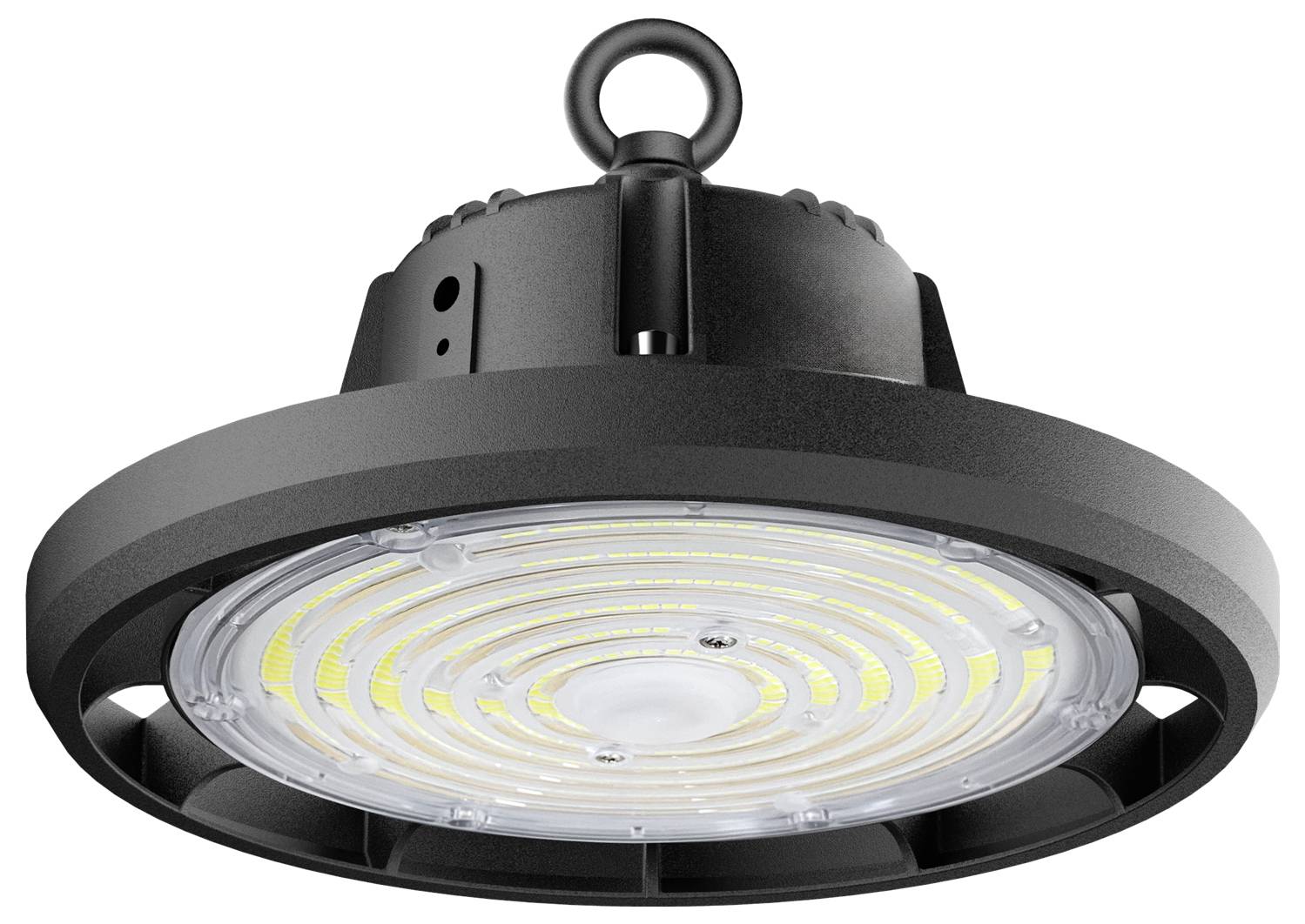 Industriell LED-högbaylampa med cirkulär design och flera LED-remsor, avsedd för storskalig belysning av områden som lagerhallar.