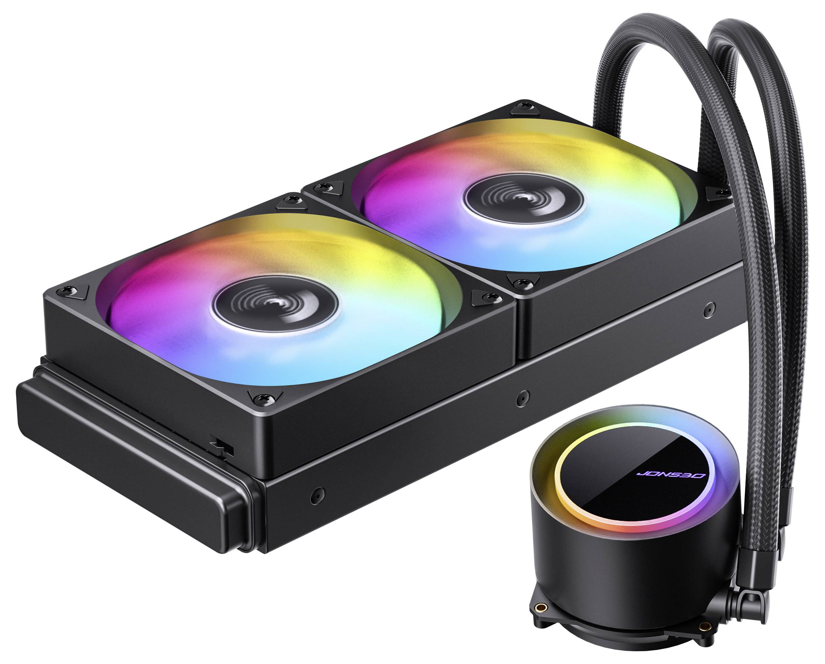 Datorsystem för vätskekylning med dubbla RGB-fläktar och ett pumpblock. Konstruerad för att förbättra PC-prestanda genom att upprätthålla optimal temperatur.
