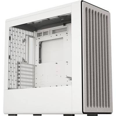 Ett vitt PC-hölje med ett ventilerat frontpanel och ett genomskinligt sidofönster som visar det invändiga utrymmet för komponenter och kylningsfunktioner.