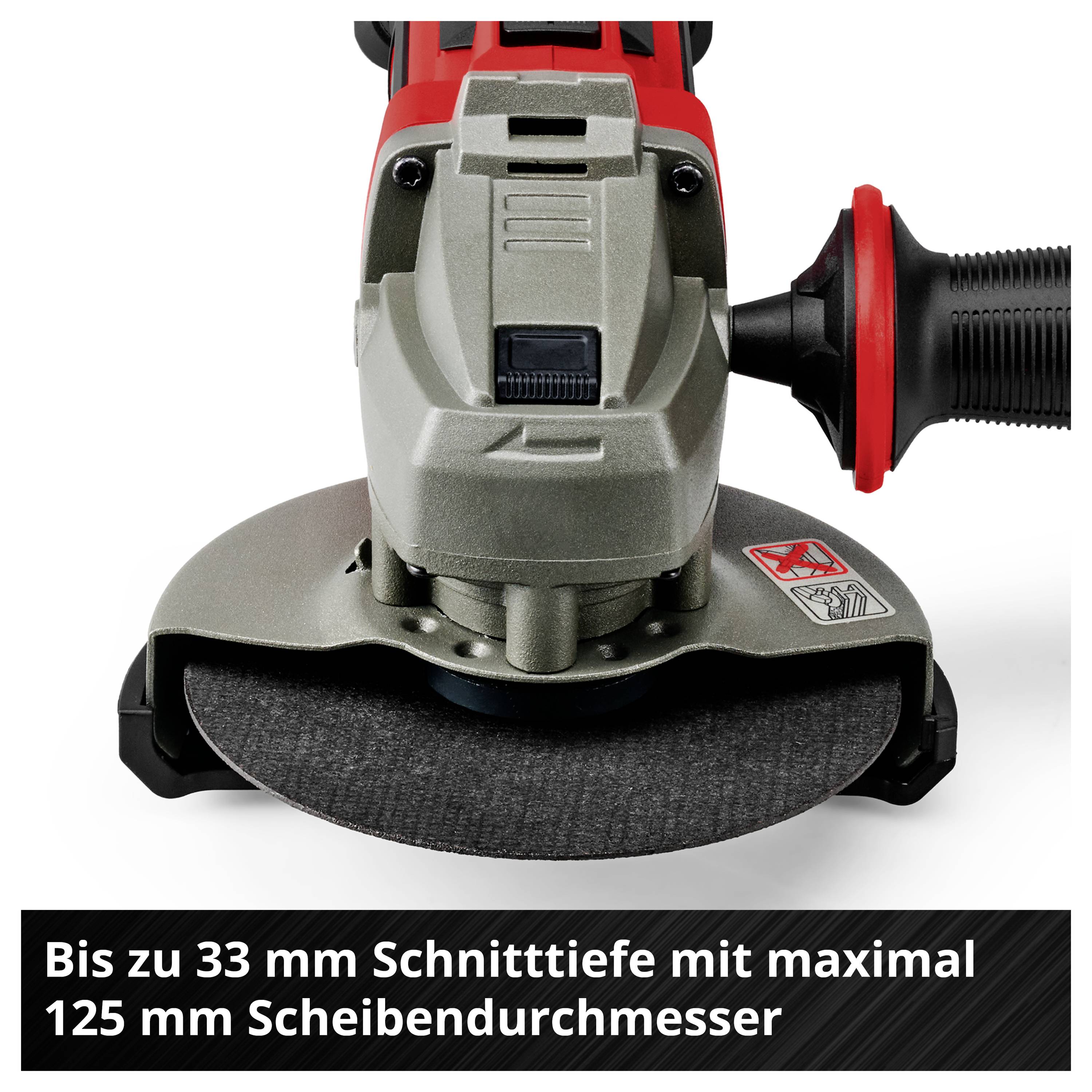 Vinkelslip med kapskiva; Text: 'Upp till 33 mm skärdjup med maximalt 125 mm skivdiameter'.