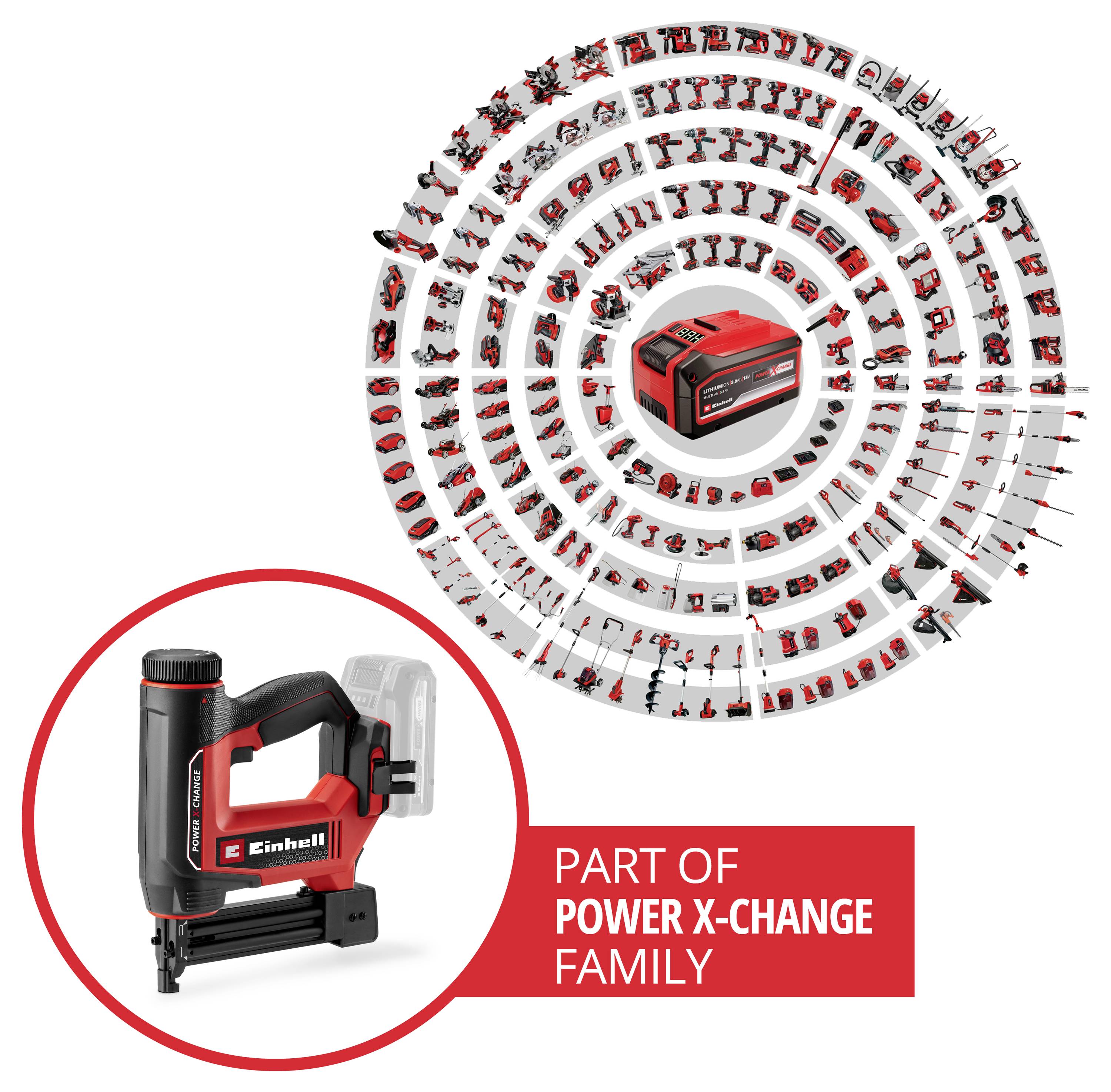 Einhell-häftare med utbytbart Power X-Change-batteri, kompatibel med ett brett sortiment av verktyg som visas runt batteriet.