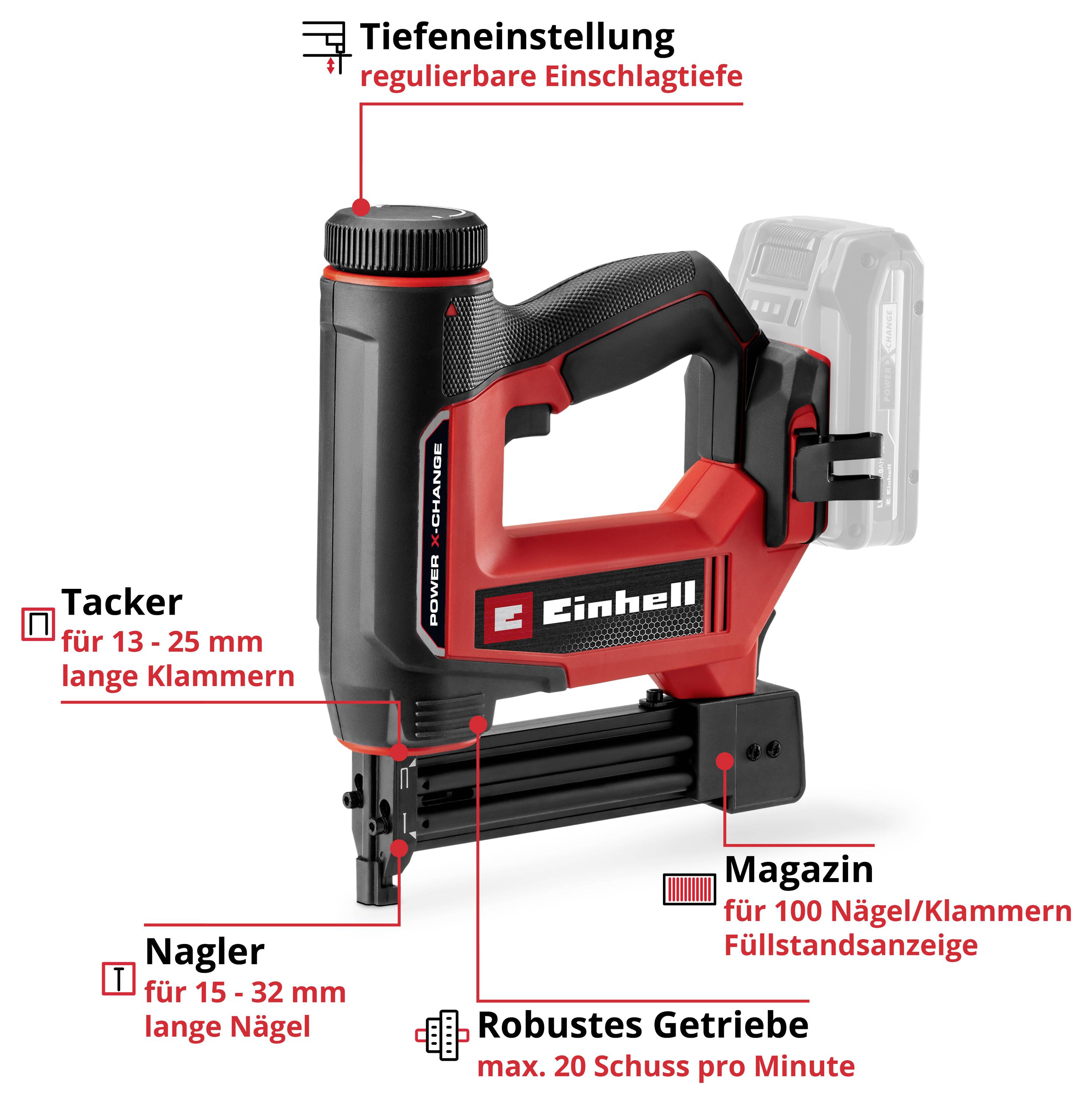 Batteridriven häftpistol/spikpistol från Einhell, med magasin för 100 spik/klamrar, djupinställning och robust växellåda.