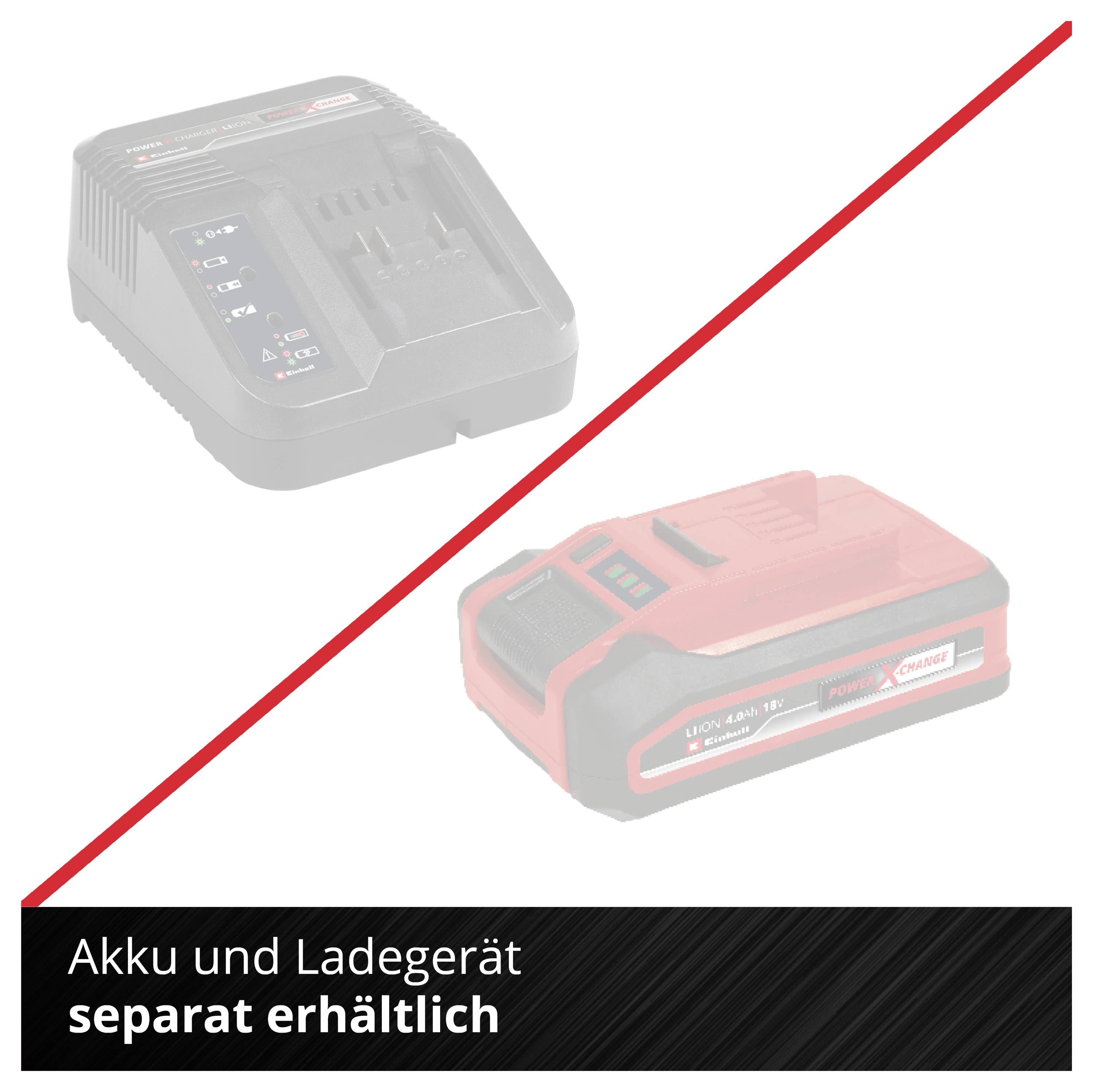 Bilden visar ett batteriladdare och ett batteri med texten 'Batteri och laddare säljs separat'.