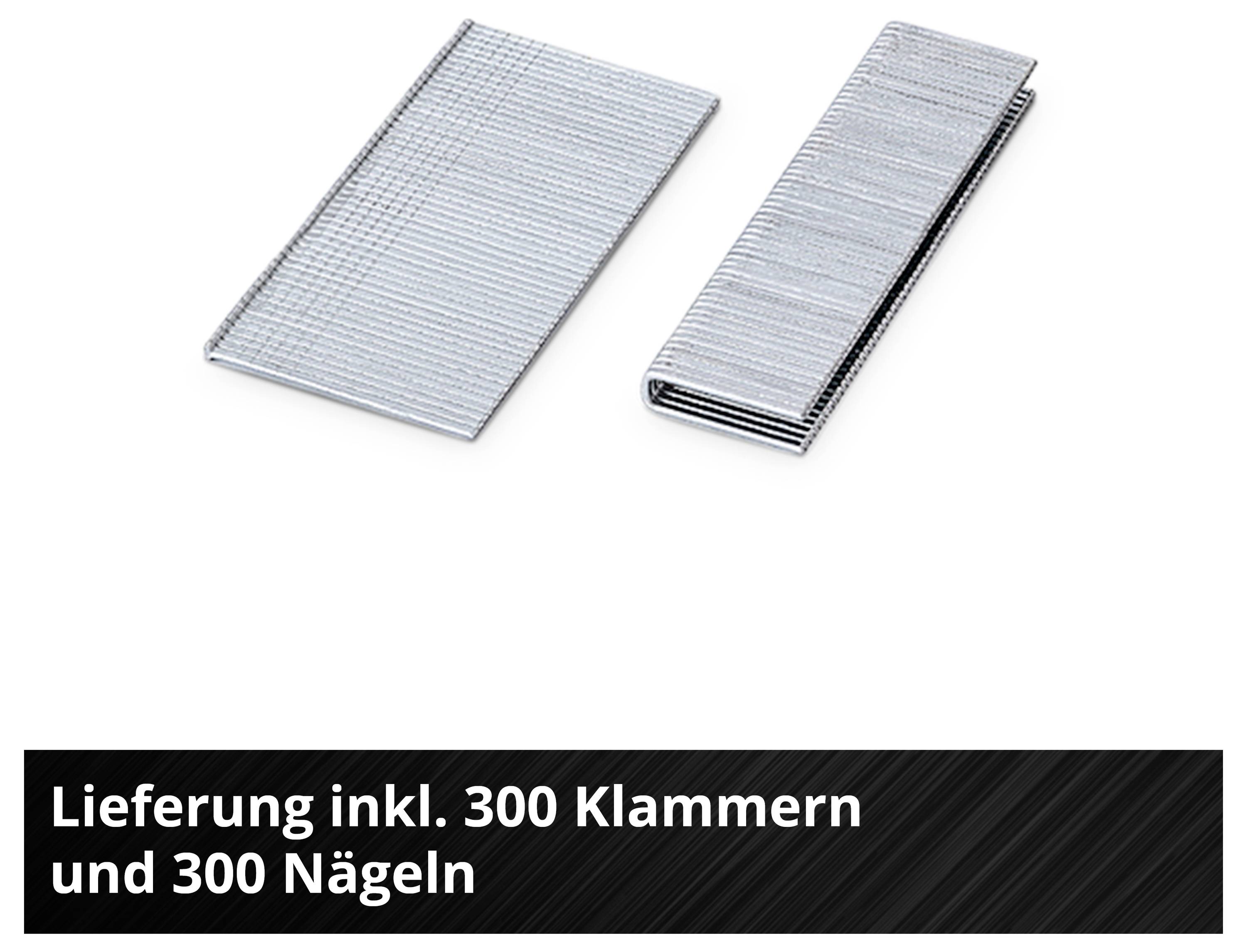 Två högar silverklammor och spikar. Text: 'Leverans inkl. 300 klammor och 300 spikar'.