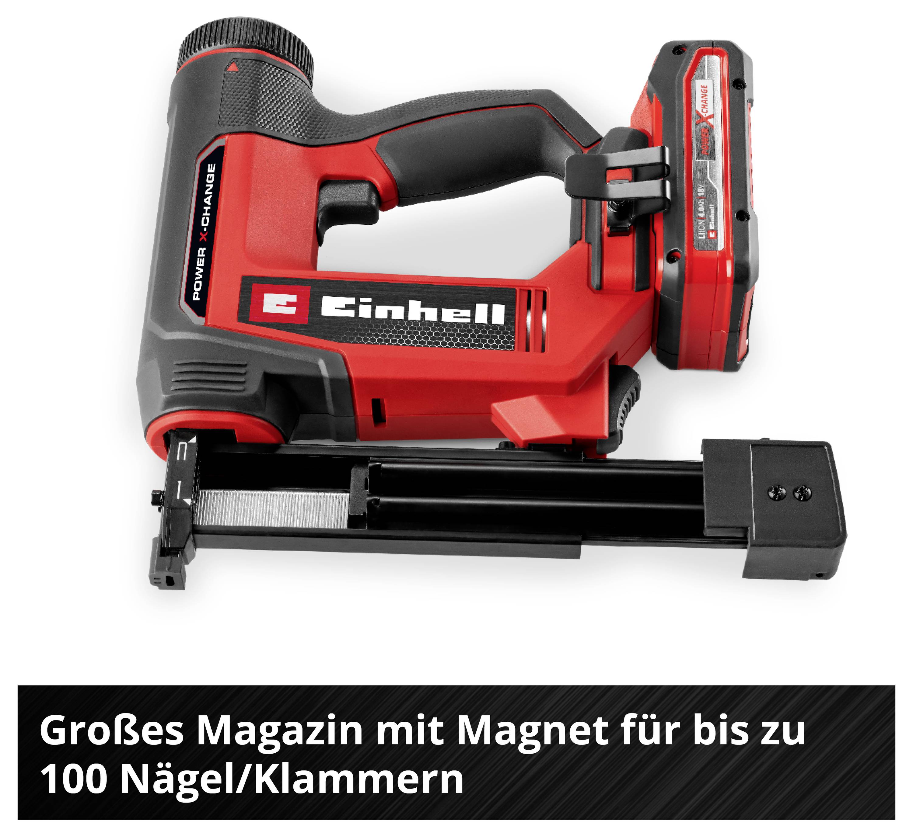 Einhell spikpistol i rött och svart. Text på bilden: 'Stort magasin med magnet för upp till 100 spik/klamrar'.