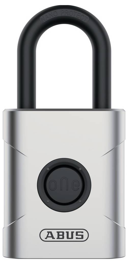 En silverfärgad hänglås med ett svart bygel och 'ABUS' logotyp längst ner. I mitten finns ett svart cirkelformat element med 'one' inskripterat.