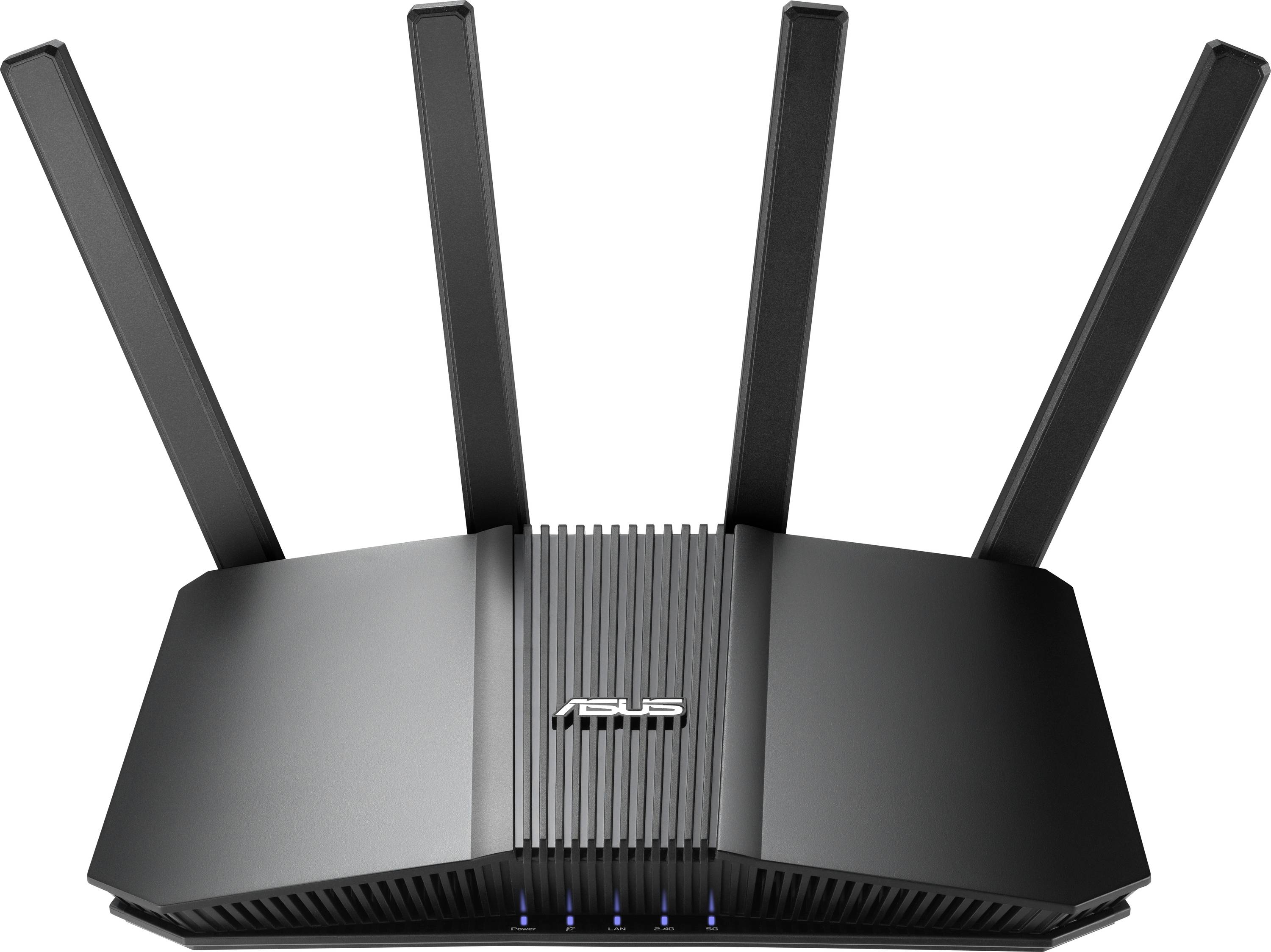 En svart trådlös router med fyra externa antenner, främre LED-indikatorer och 'Asus'-logotypen synlig på ovansidan.