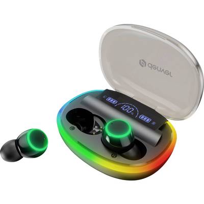 Ett par trådlösa hörlurar med ett laddningsetui som visar batterinivå. Etuiet har en färgglad LED-kant och ett öppet lock.