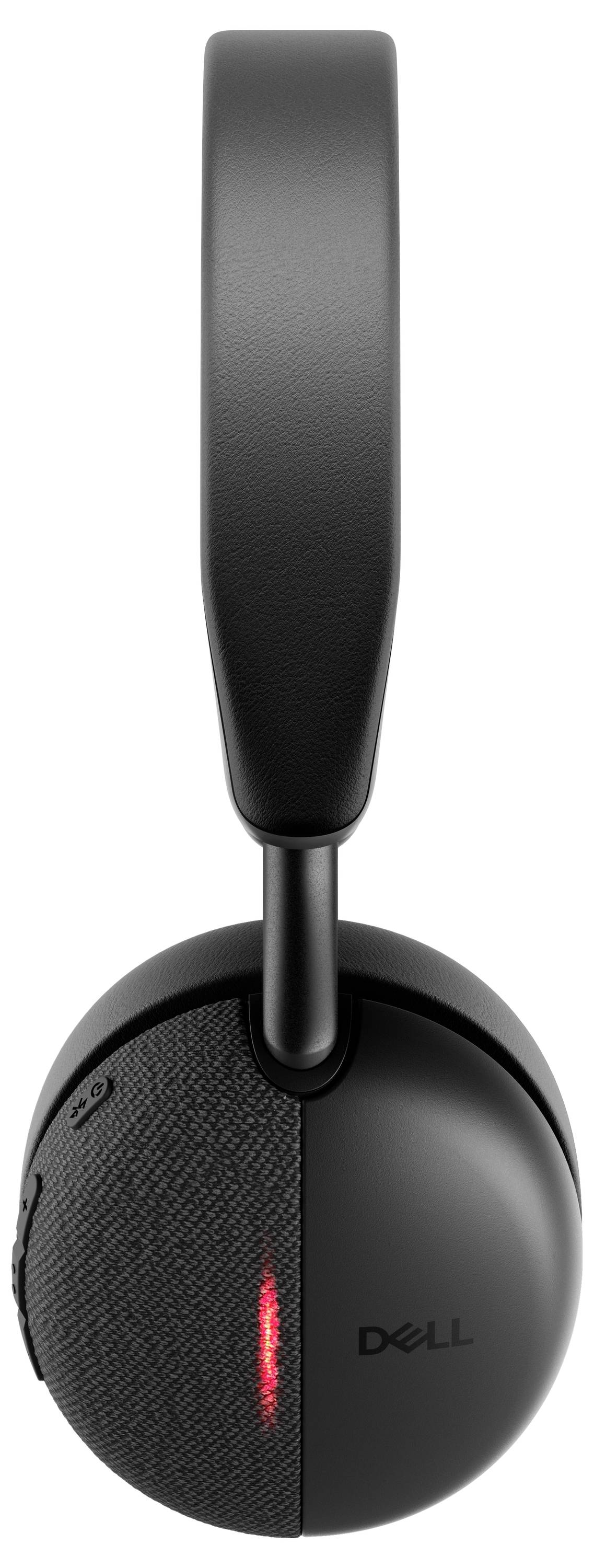 Bullerdämpande hörlurar med ett överhängande huvudband och en lysande röd indikatorlampa på sidan, märkta 'Dell'.