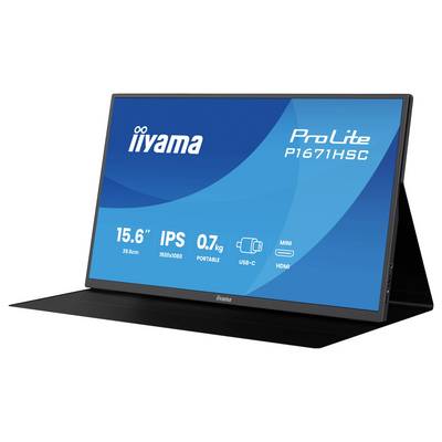 En 15,6-tums bärbar skärm som visar sina funktioner: IPS-skärm, väger 0,7 kg, upplösning på 1920x1080, USB-C, HDMI, mini-portar.