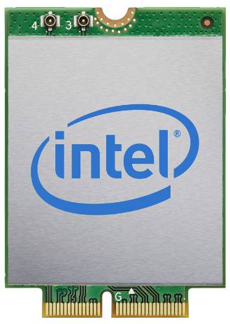 Intel Wi-Fi 6 AX200-adapter för förbättrad trådlös anslutning, utrustad med ett PCIe-gränssnitt med antennkontakter överst.