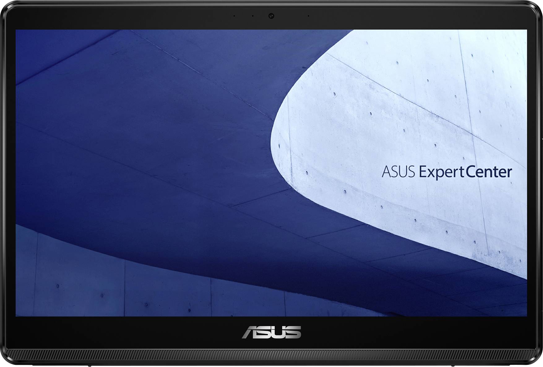 En skärm som visar en blå abstrakt arkitektonisk design med texten 'ASUS ExpertCenter' i hörnet.