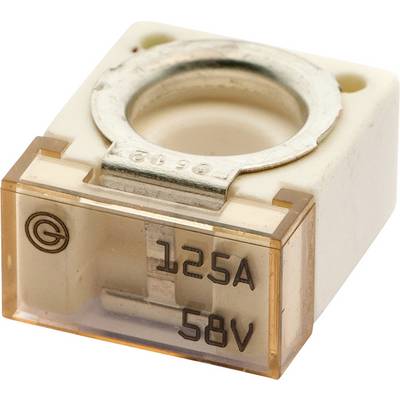 En fyrkantig, keramisk säkring med ett transparent hölje, märkt '125A 58V', som anger en elektrisk märkning på 125 ampere och 58 volt.