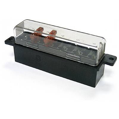 En genomskinlig säkringsbox med sex märkta platser, varav två innehåller röda säkringar. Locket är klart och basen är svart.