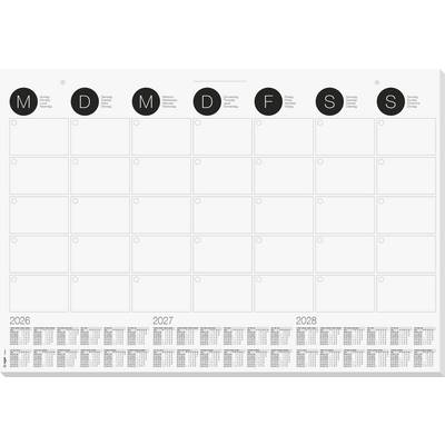 Vägghängande almanacka med översikt över månad, som visar dagarna från måndag till söndag. Innehåller små kalendrar för åren 2026, 2027 och 2028 längst ner.
