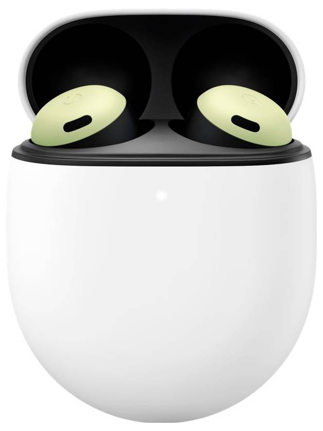 Trådlösa hörlurar i ett laddningsetui, med en elegant design med blank vit exteriör och svart interiör, visade framifrån.