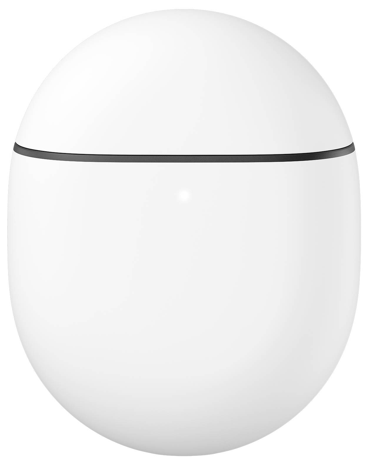 En vit, äggformad smart enhet med ett svart horisontellt band och en liten ljusindikator på framsidan.