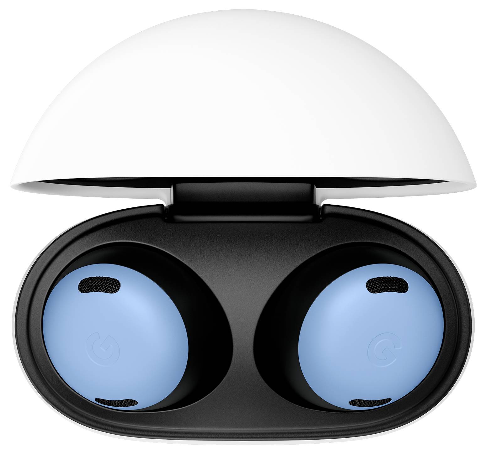 Öppen laddningsetui som visar ett par blå trådlösa hörlurar inuti.