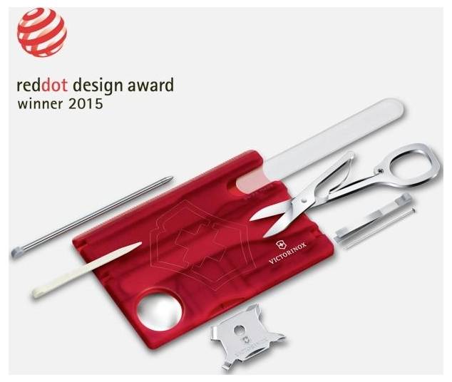 Victorinox multitoolkort med kniv, sax, pincett och små verktyg presenterat som "Red Dot Design Award-vinnare 2015".