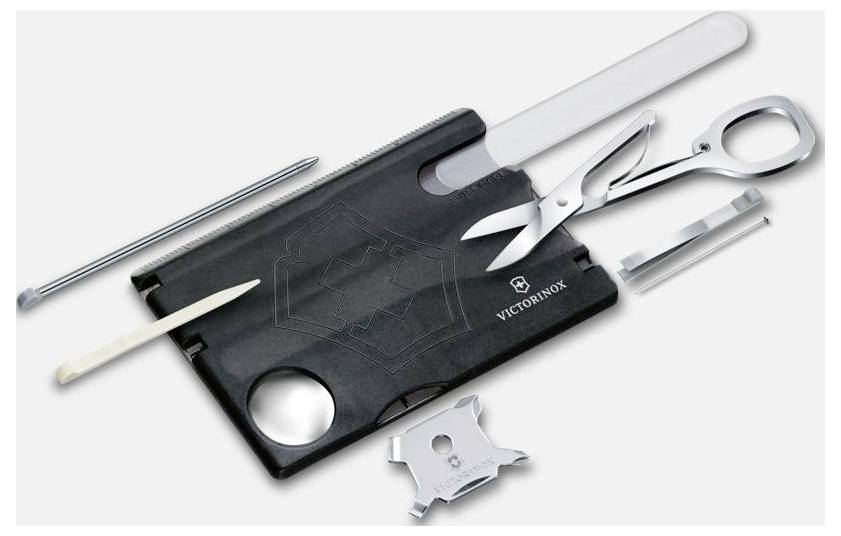 Victorinox fickvärktygsset med svart fodral och flera rostfria verktyg, inklusive sax, fil, skruvmejsel och flasköppnare.
