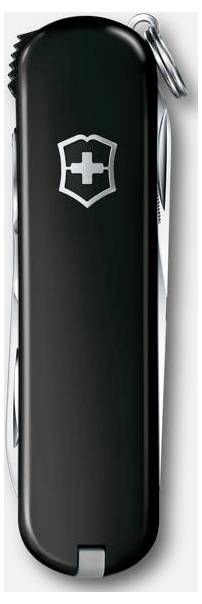 Svart Victorinox fickkniv med en silverfärgad kors-och-sköld-logotyp och en fäst nyckelring.