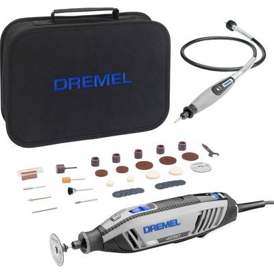 Dremel roterande verktygssats med tillbehör, förvaringslåda och flexibel axel för detaljerade skärnings-, graverings-, fräsnings-, slipnings-, vässnings-, rengörings-, polerings-, skärnings- och slipuppgifter.