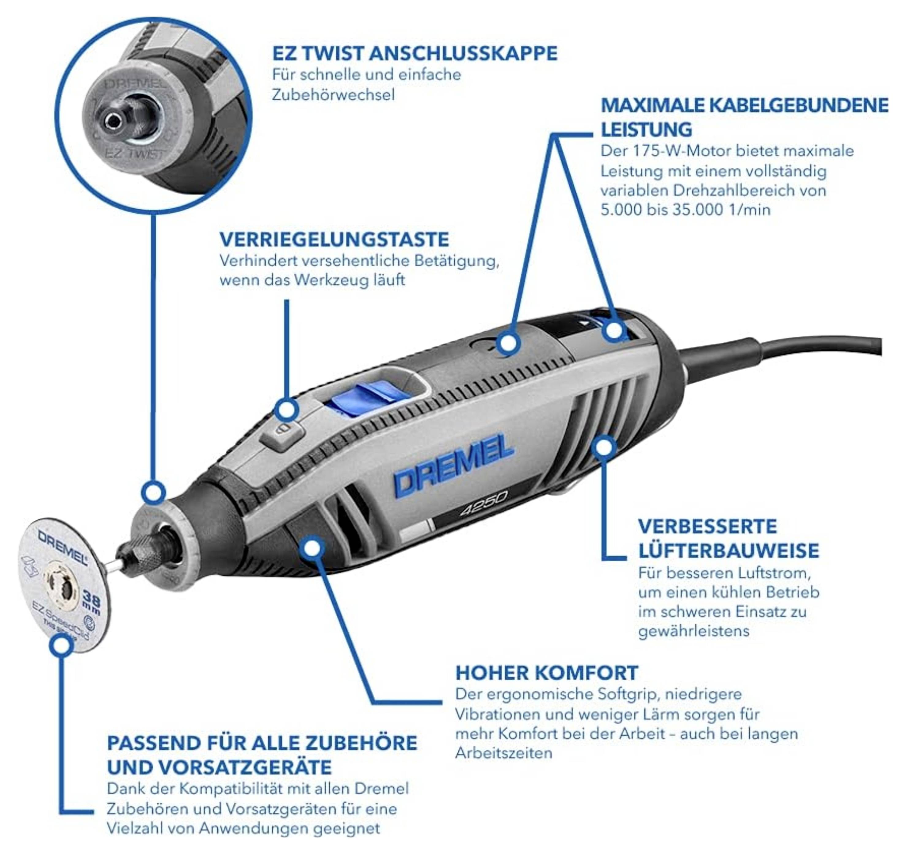 En Dremel 4300 roterande verktyg med märkta funktioner: EZ-vred, låsningsanordning, kompatibilitet med tillbehör, hög komfort, förbättrad luftcirkulation, kordstyrd prestanda.