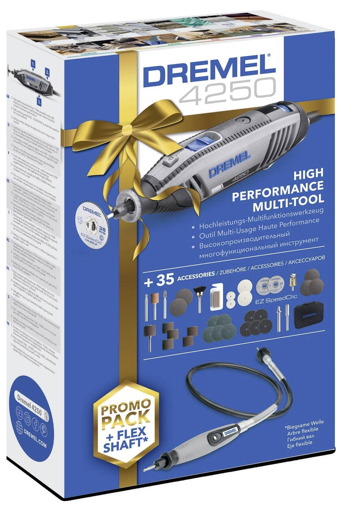 Dremel 4250 högpresterande multiverktyg med låda som visar verktyget, tillbehör, 'PROMO PAKET + FLEXAXEL', och blå/guldförpackning.