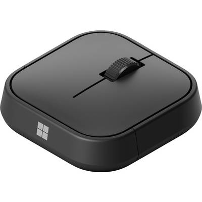 En kompakt, fyrkantig svart mus med Microsoft-logotyp och ett centralt scrollhjul, lämplig för moderna, eleganta datormiljöer.