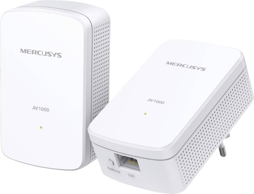 Två vita Mercusys AV1000 powerline-adaptrar med LED-indikatorer visas. En adapter har en synlig Ethernet-port.