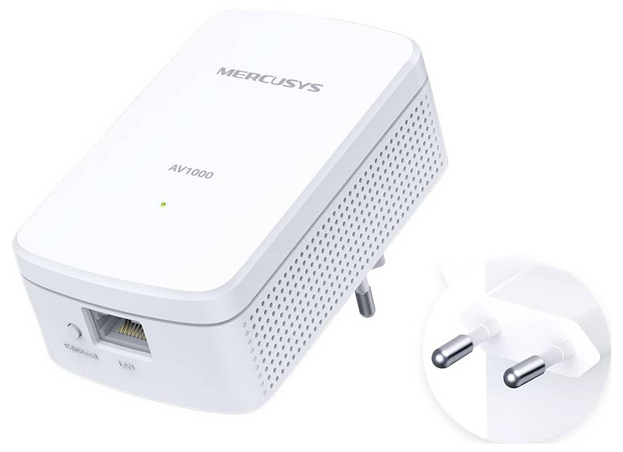 Mercusys AV1000 powerline-adapter med kontakt, Ethernetport och parpningsknapp, används för att utöka nätverksanslutningen över elektrisk ledning.