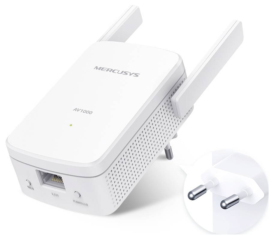 En vit Mercusys AV1000 Wi-Fi-räckviddsförlängare med två antenner, en Ethernetport och elkontakt som passar europeiska uttag.