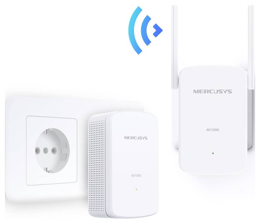 Wi-Fi-förlängningssystem som visar en insticksbar powerline-adapter och en trådlös förlängare, båda märkta 'Mercusys AV1000', med en anslutningsikon.