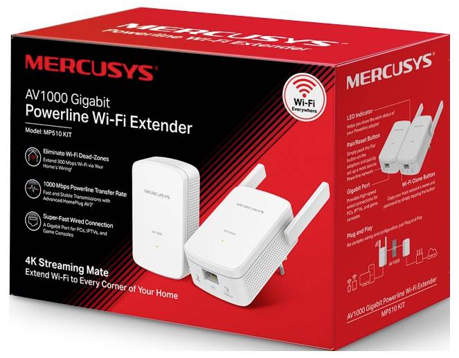 Röd låda förpackning för 'MERCUSYS AV1000 Gigabit Powerline Wi-Fi Förstärkare'. Huvudsakliga funktioner inkluderar eliminering av Wi-Fi döda zoner, 1000 Mbps överföringshastighet, och stöd för 4K streaming.
