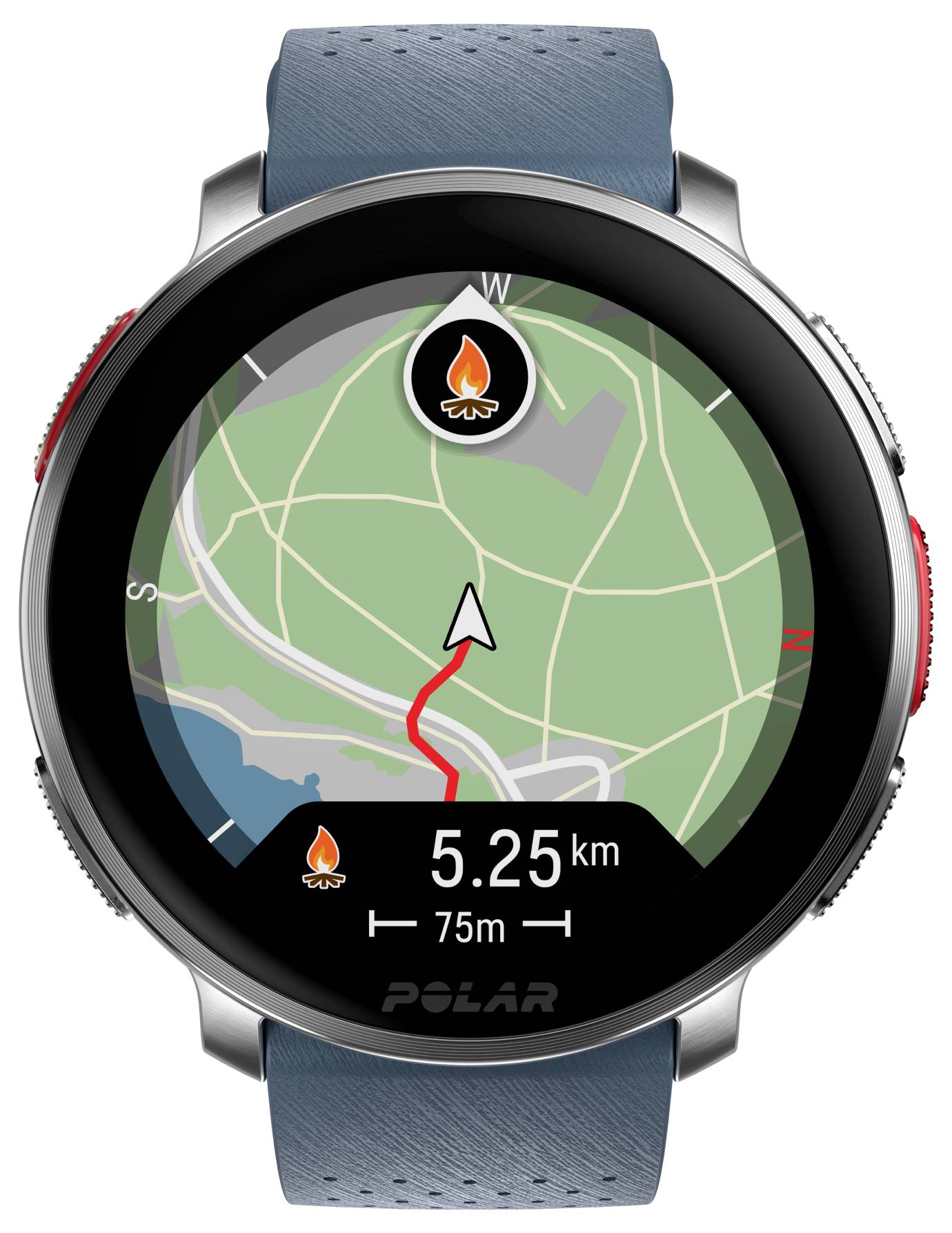'Smartwatch med en navigeringsdisplay visar en karta med en röd rutt, en sträcka på 5,25 km och en riktningspil som anger färdvägen.'