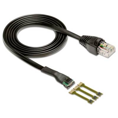 En platt Ethernet-kabel med en RJ45-kontakt på ena änden och exponerade kretskortsanslutningar på den andra, tillsammans med tre små kontakter.