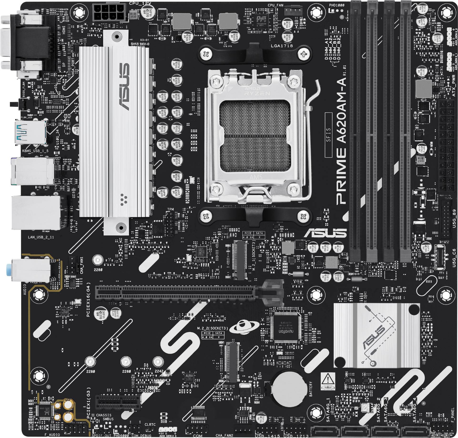 Ett moderkort för datorer med olika portar, platser och en AMD-processorsockel märkt 'PRIME A620M-A', avsett för att bygga eller uppgradera datorer.